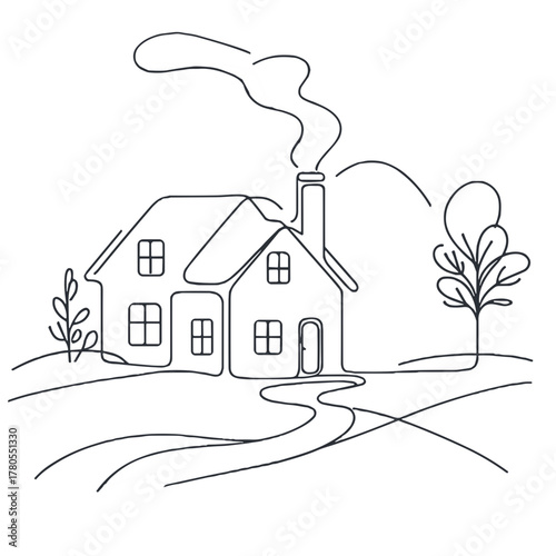 A house with smoke coming from the chimney and a blanket of snow Winter Weather outline / minimal linear vector