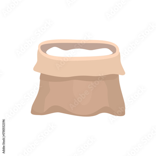 Open sack of flour or sugar. Grain Sack Illustration. Eco friendly rice sack illustration. Brown Grain Sack. White powder.