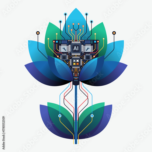 Cybernetic flower with wires and high-tech elements - microchips circuit boards, blending organic nature and high-tech elements, smooth vector shapes, minimalistic design, symmetrical composition