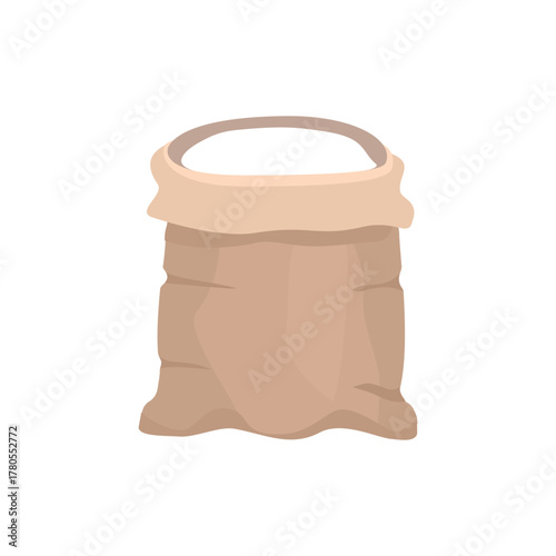 Brown burlap sack filled with white powder. Rice Packaging Bag. Rice Bag Storage. Wheat burlap sack.
