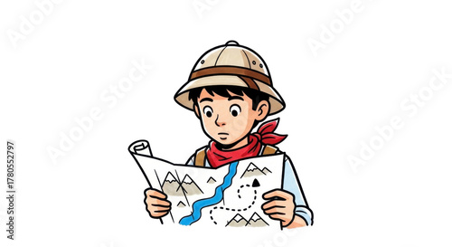 Curious young explorer with pith helmet studies adventure map, ready for discovery and exciting journeys.