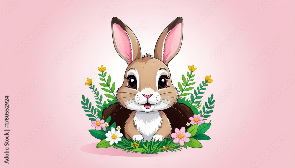 Fototapeta premium Cute easter bunny with colorful eggs in spring meadow