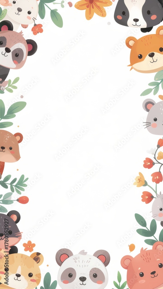 Obraz premium Cute animal and fruit frame illustration