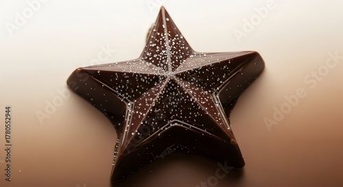 Glossy chocolate Christmas star with soft lighting and sugar frost detail.