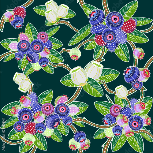 Creative batik pattern featuring blueberries with lush green leaves on a vibrant background. A blend of natural freshness and traditional batik charm.