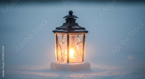Surreal frozen ice lantern glowing softly in cold winter snow.