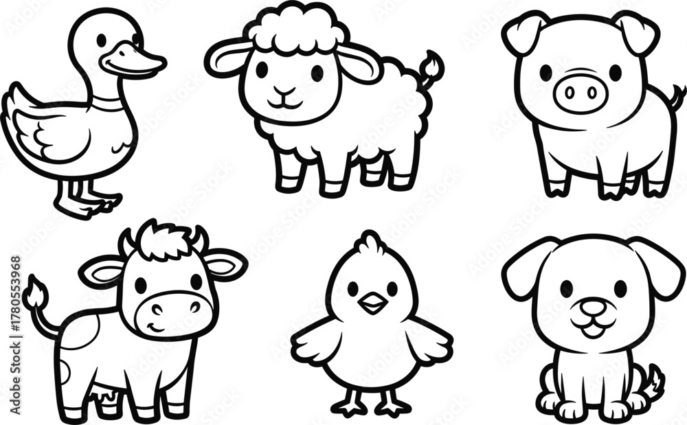 Fototapeta premium Set of Cute Farm Animals Duck, Sheep, Pig, Cow, and Dog Outline Icons Vector Illustration