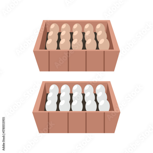 Chicken egg in wooden box. Freshly Laid Chicken Eggs. Organic Chicken Eggs in Wooden Container. Farmer market box.