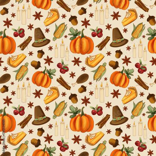 Seamless Thanksgiving pattern with pumpkins, corn, pies, candles, acorns, cranberries, star anise, and pilgrim hats. Festive design for  textiles, packaging, wrapping, scrapbooking and party decor