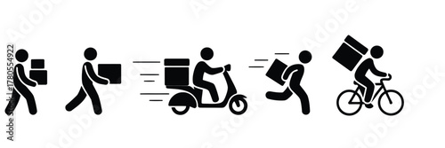 Delivery Methods People Delivering Packages by Walking, Running, Motorcycle, and Bicycle