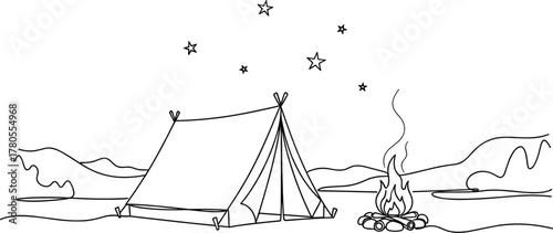 Minimal Line Art Camping Scene with Tent, Campfire, and Clouds Vector Illustration