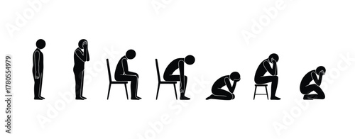 Stick Figure Depicts Stages of Depression Standing, Sitting, Kneeling, Covering Face