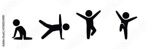 Stick Figure Sequence Illustrating Various Yoga Poses and Movements on White Background Stock