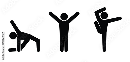 Three Stick Figures Performing Yoga Poses, Stretching and Balancing on White Background