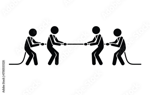 Tug of War Illustration Black Silhouette of Four Figures Pulling a Rope