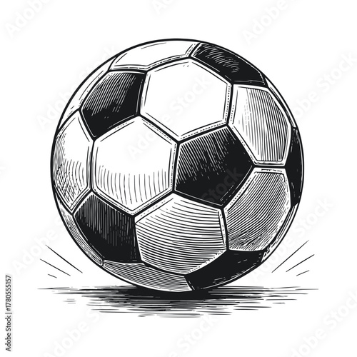 Dynamic and stylish vector illustration of a soccer ball in a hand drawn vintage engraving style. Perfect for sports apparel design, championship posters, gym advertisements, magazine cover.