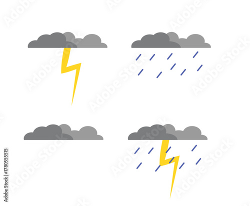 Flat design set of four essential gray weather cloud icons for forecasts. This includes clouds for lightning, rain, overcast, and a combined thunderstorm with rain. clouds set collection