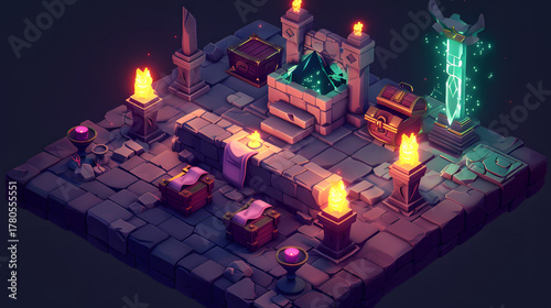 3d Isometric Dungeon treasure chests torches