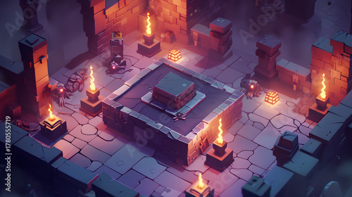 3d Isometric Dungeon treasure chests torches