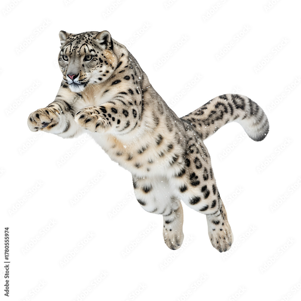 Fototapeta premium Snow leopard jumping mid-air, transparent background