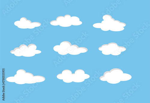 Flat design collection of nine distinct white cloud icons. Each cloud boasts subtle shadows against a clear blue sky, adding depth. Perfect for engaging weather apps, digital services