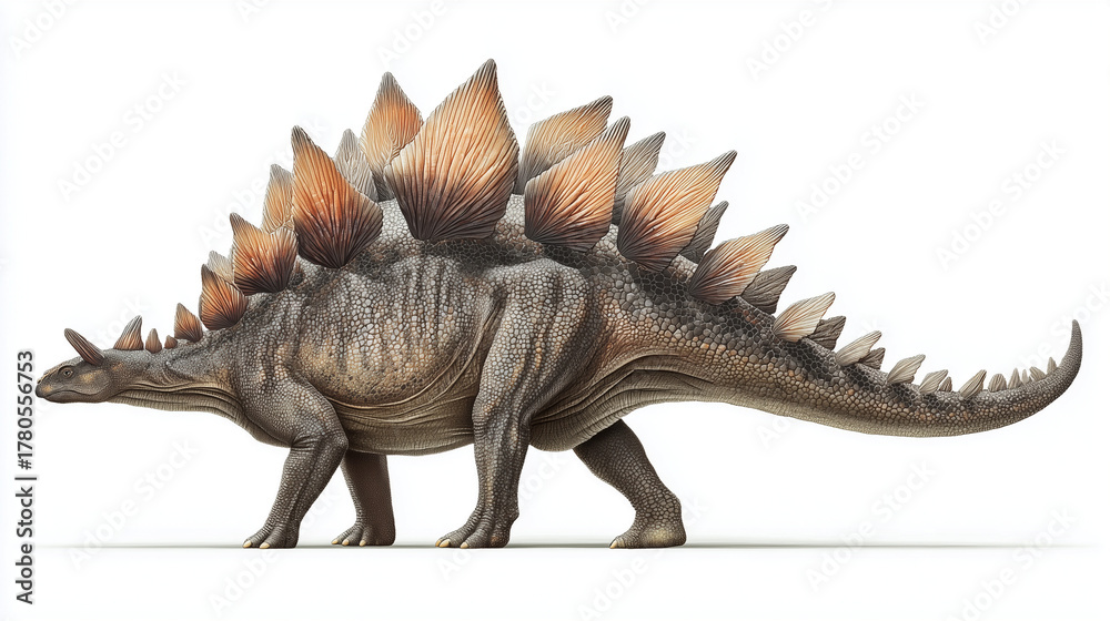 Fototapeta premium A realistic full-body illustration of a Stegosaurus, showing detailed skin texture and distinctive back plates, isolated on a clean white background. Generative AI illustration 