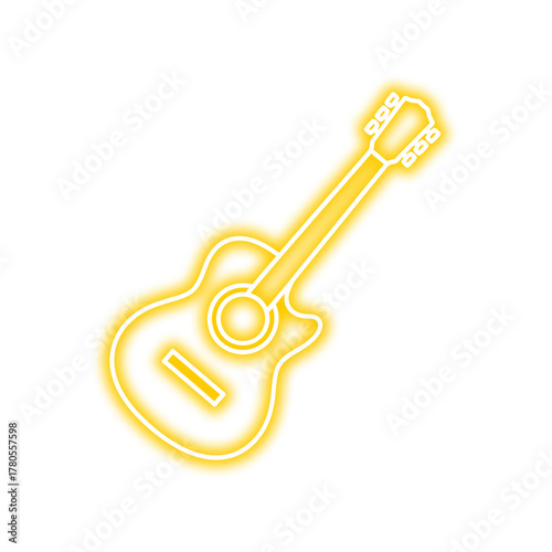 Glowing yellow neon outline of an acoustic guitar, angled on a white background, minimalist design.