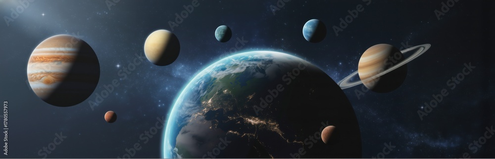Fototapeta premium Solar System. Earth at Night Surrounded by Jupiter, Saturn, Planets in Deep Space. Global Communication & Space Exploration. 3D. Science, Technology Banner. Astronomy, Education Panoramic Background.