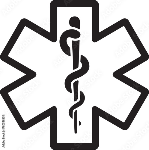 Paramedic star silhouette with Rod of Asclepius, thick line form, emergency medical vector.