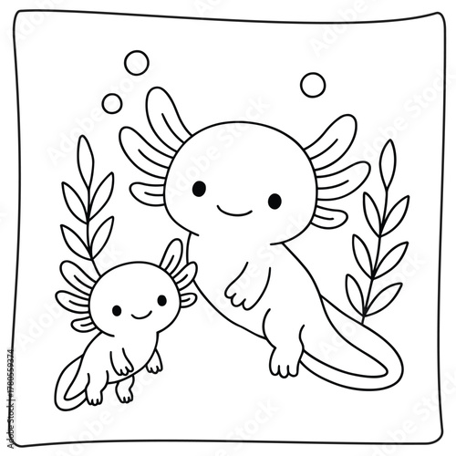 Cute axolotl family coloring page with aquatic plants and bubbles in black and white line art