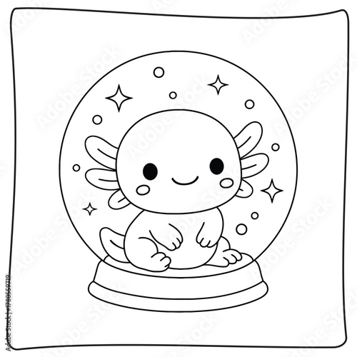 A cute axolotl inside a snow globe with stars and circles, outlined for coloring page