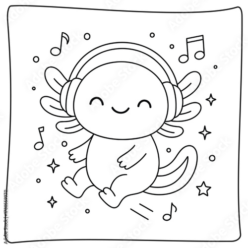 Outline drawing of a cute axolotl wearing headphones surrounded by musical notes and stars