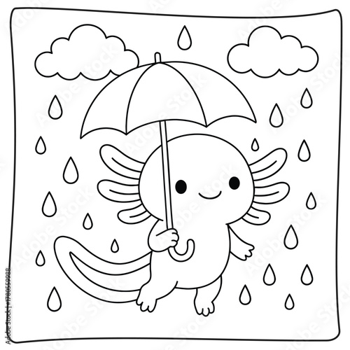 Axolotl holding an umbrella standing in the rain with clouds in a black and white drawing