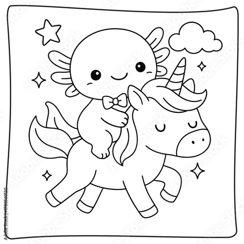 A cute axolotl with bow tie riding a unicorn surrounded by stars and a cloud outline