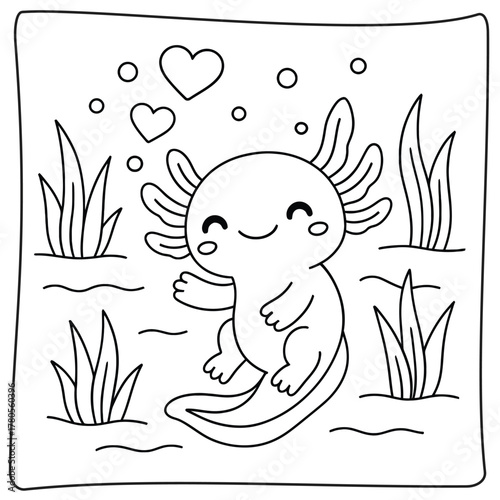 A cute axolotl in a pond with hearts and bubbles outlined for coloring page design