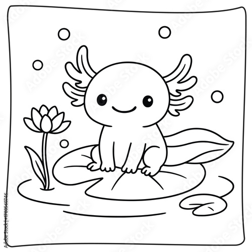A cute axolotl sitting on a lily pad with a lotus flower in a black and white drawing