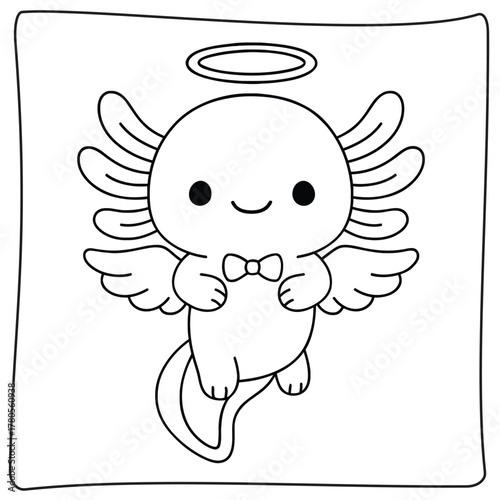 A black and white line drawing of an axolotl angel with wings and a halo wearing a bow tie