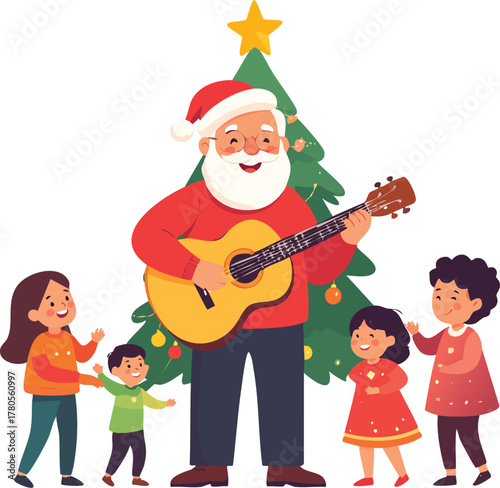 Santa Claus plays guitar and sings Christmas carols with children near a decorated tree.