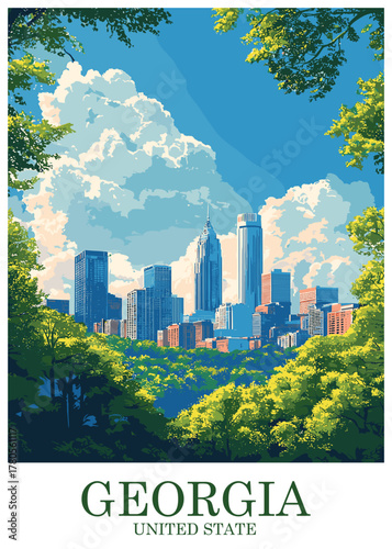 Vibrant vector illustration showcasing the modern Atlanta, Georgia skyline rising above a dense foreground of lush green trees and foliage under a bright, cloudy blue sky.