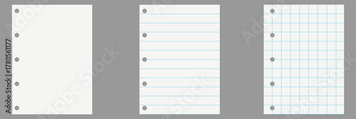  Blank pages of school notebook vector . Lined , checkered , math sheets of white paper. paper grid square graph line texture of note book blank.