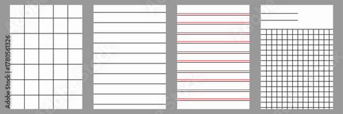  Blank pages of school notebook vector . Lined , checkered , math sheets of white paper. paper grid square graph line texture of note book blank.