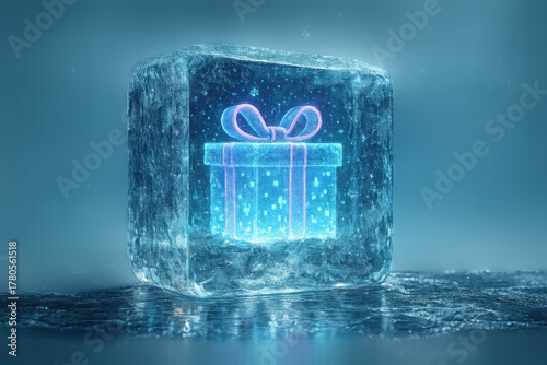 Frozen gift box with vibrant ribbon in ice creates a captivating visual display of surprise and winter enchantment