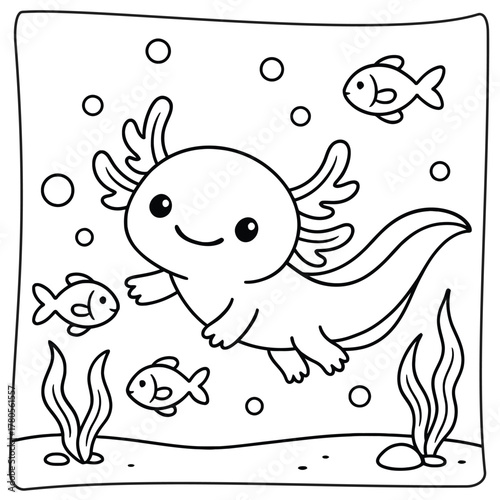 Cartoon axolotl swimming with fish in an underwater scene coloring page illustration