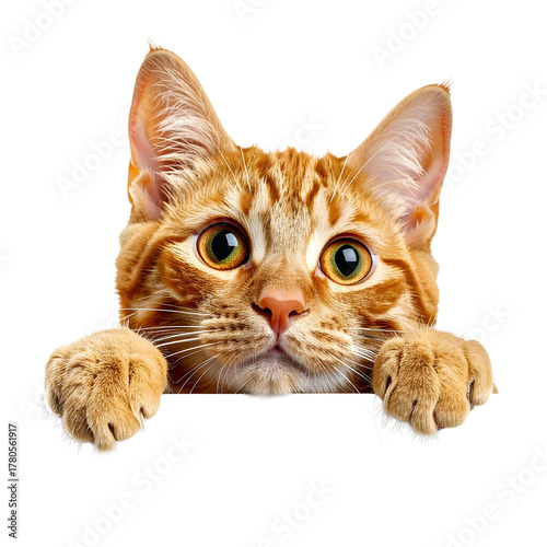 Curious Cat: A close-up shot of a playful ginger cat peeking over the edge, the feline's expressive eyes and engaging paws add a touch of whimsy and charm. 