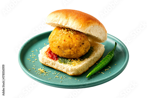 Indian Vada Pav with Sev, Chutneys, and Green Chili on Teal Plate – Traditional Street Food Photography