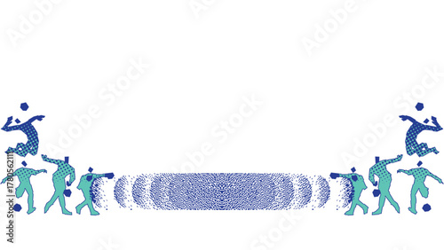 Happy family jumping in the air with colorful striped socks on their bright blue legs