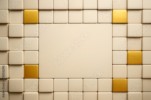 Decorative frame design using white and gold tiles with a blank center