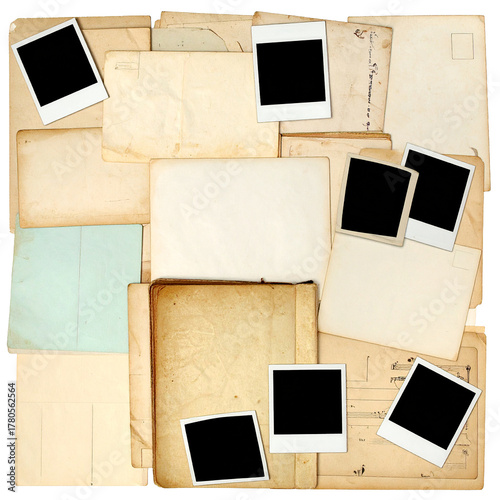 Timeless Nostalgia: A collage of aged documents and instant photograph frames. A visual testament to moments, memories.