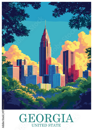 Striking vector illustration of the Atlanta, Georgia skyline, focusing on the iconic spire-topped skyscraper against a dramatic sky with warm-colored clouds, framed by dark foreground trees.