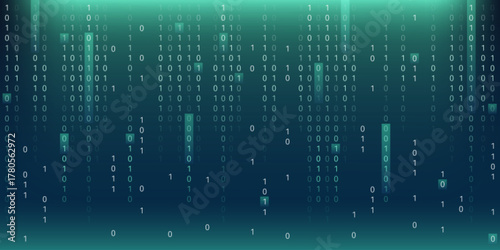 Binary code matrix on green cyber background with falling digital numbers and data streams. Technology concept displaying computer programming or information symbols in glowing turquoise gradient